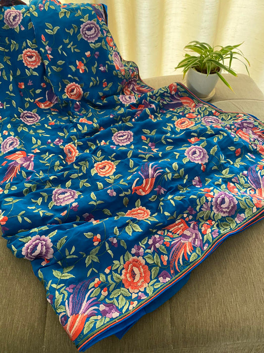Parsi Gara Hand Embroidered Teal Blue Saree- Pure Crepe Silk