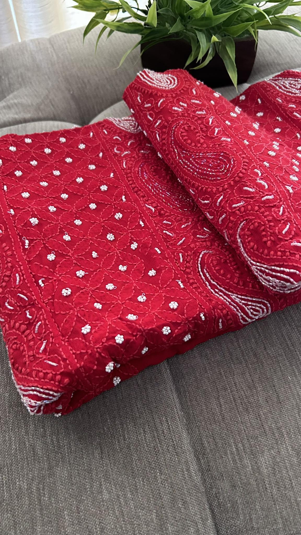 Red Pearl Chikankari Kurti Fabric (Only Kurti)