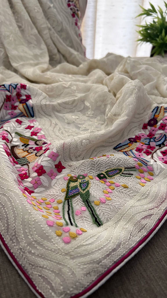 Chikankari, Parsi Gara & French Knot Hand Embroidered Dupatta
