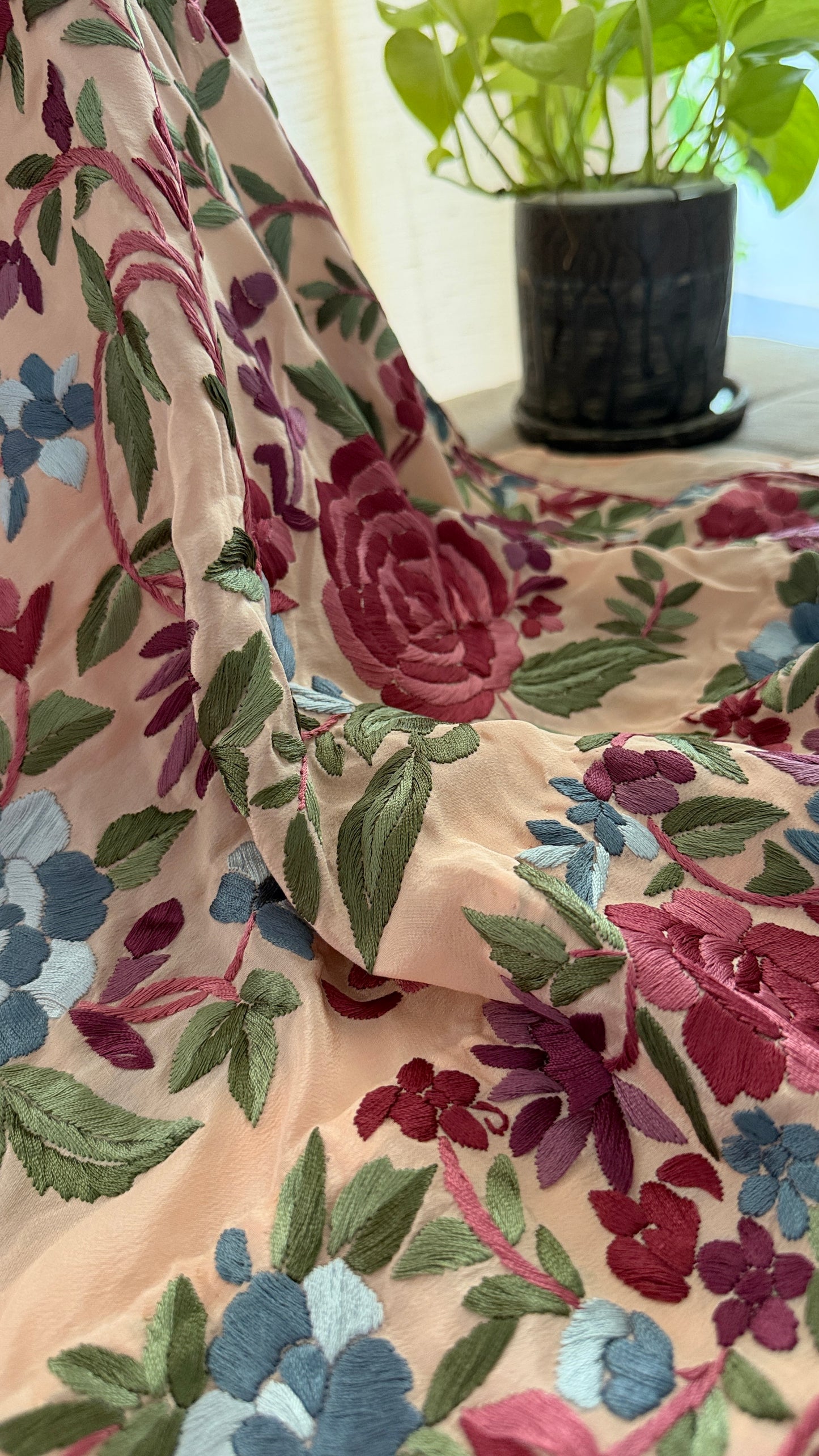 Heirloom Peach Parsi Gara Saree- Crepe silk