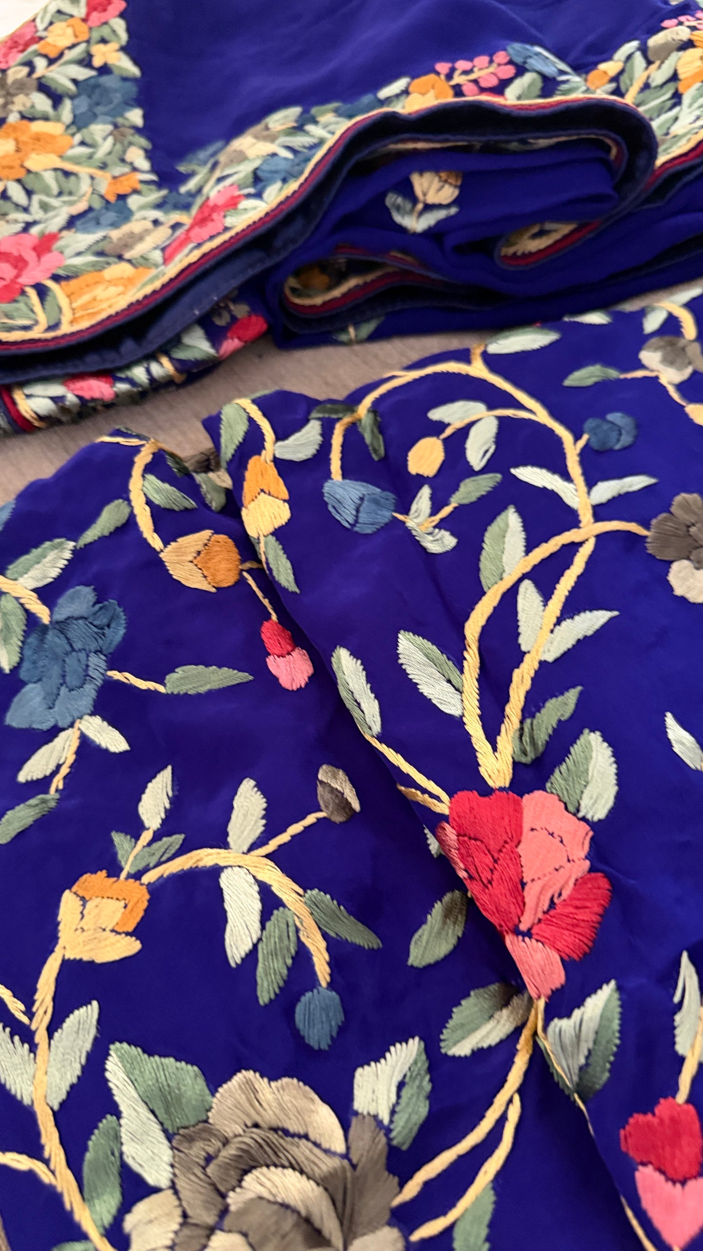 Royal Blue Floral Parsi Gara Suit (Three Piece)