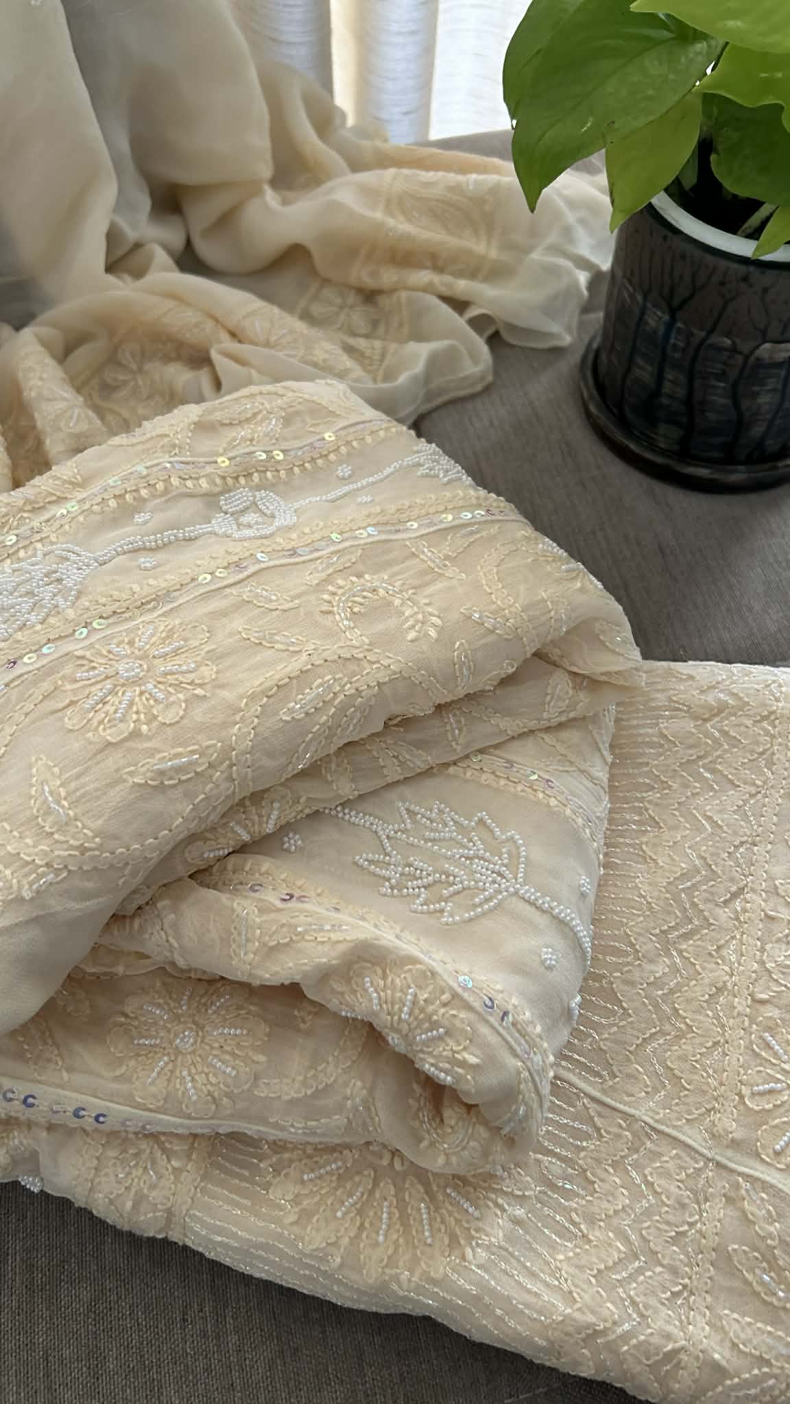 Beige Pearl Chikankari Anarkali Suit