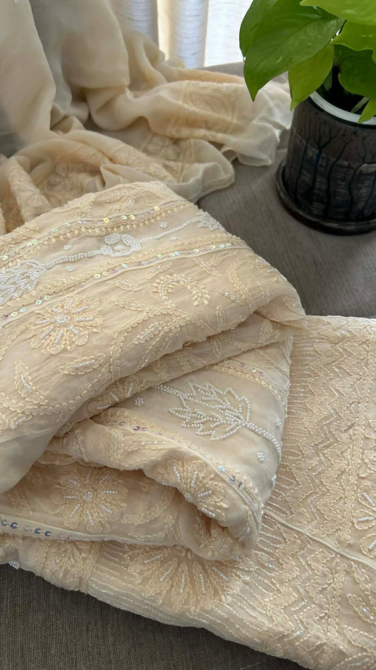 Beige Pearl Chikankari Anarkali Suit