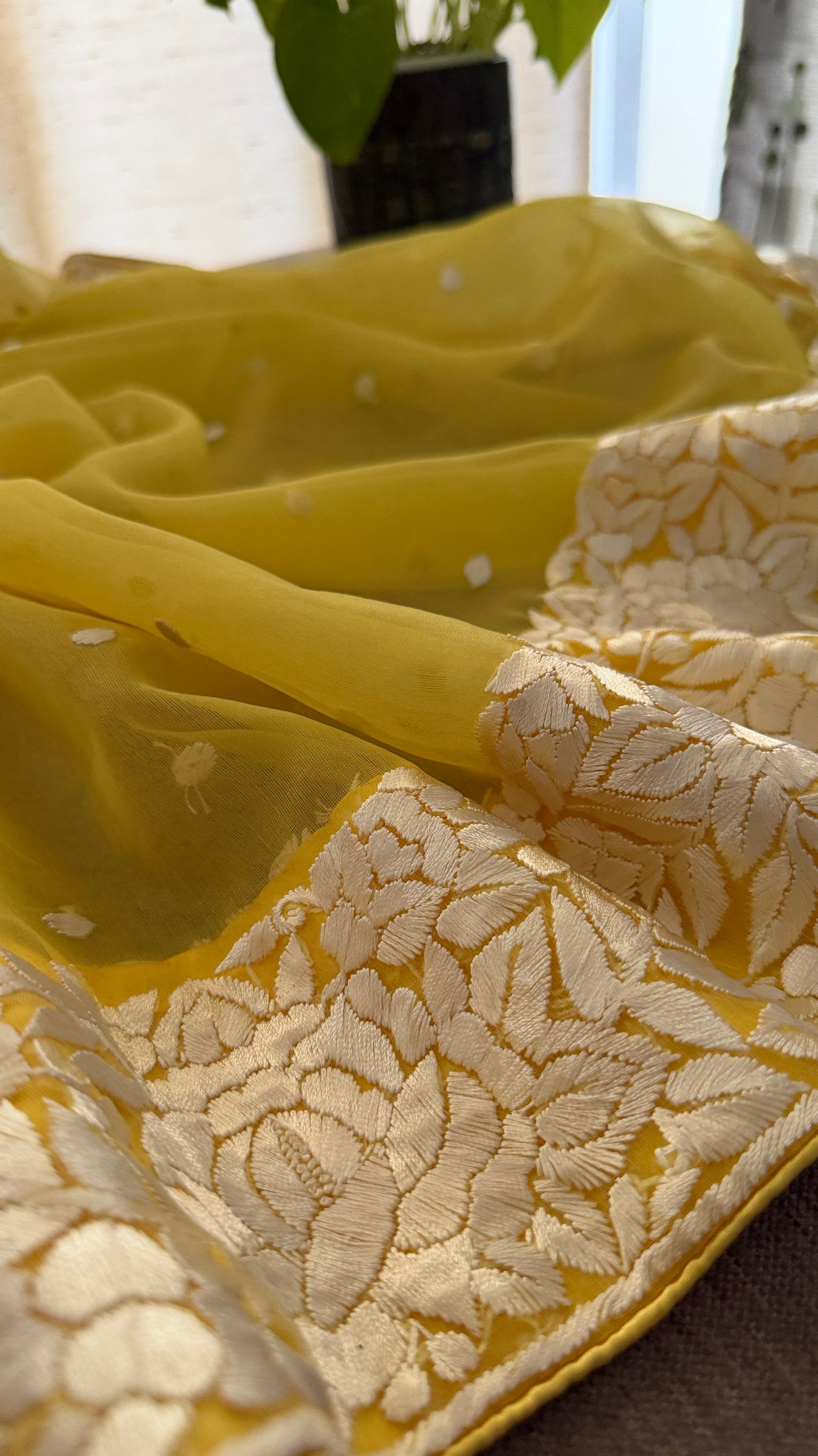Exclusive Yellow Organza Parsi Gara Dupatta for Women