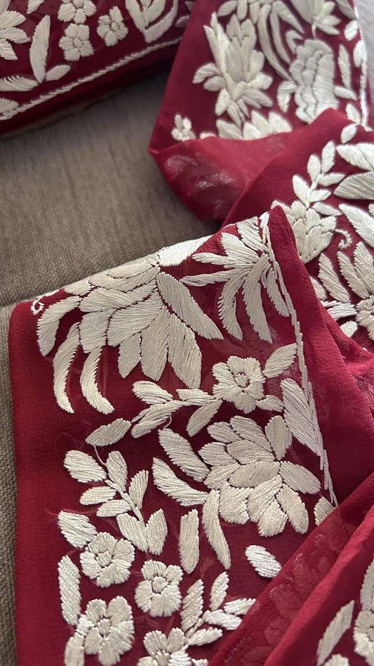 Dusty Red Ivory Parsi Gara Border