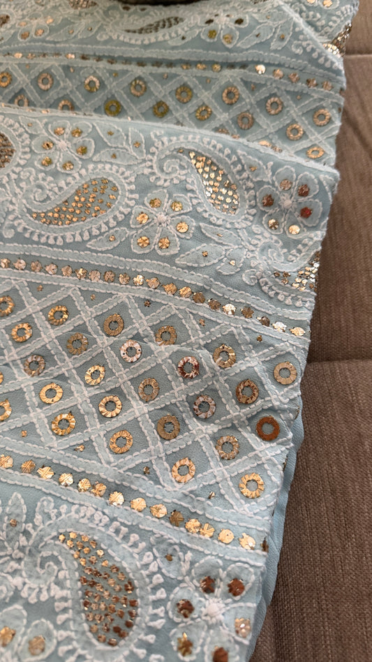 Powder Blue Ring Mukaish Chikankari Suit (Kurta & Dupatta)