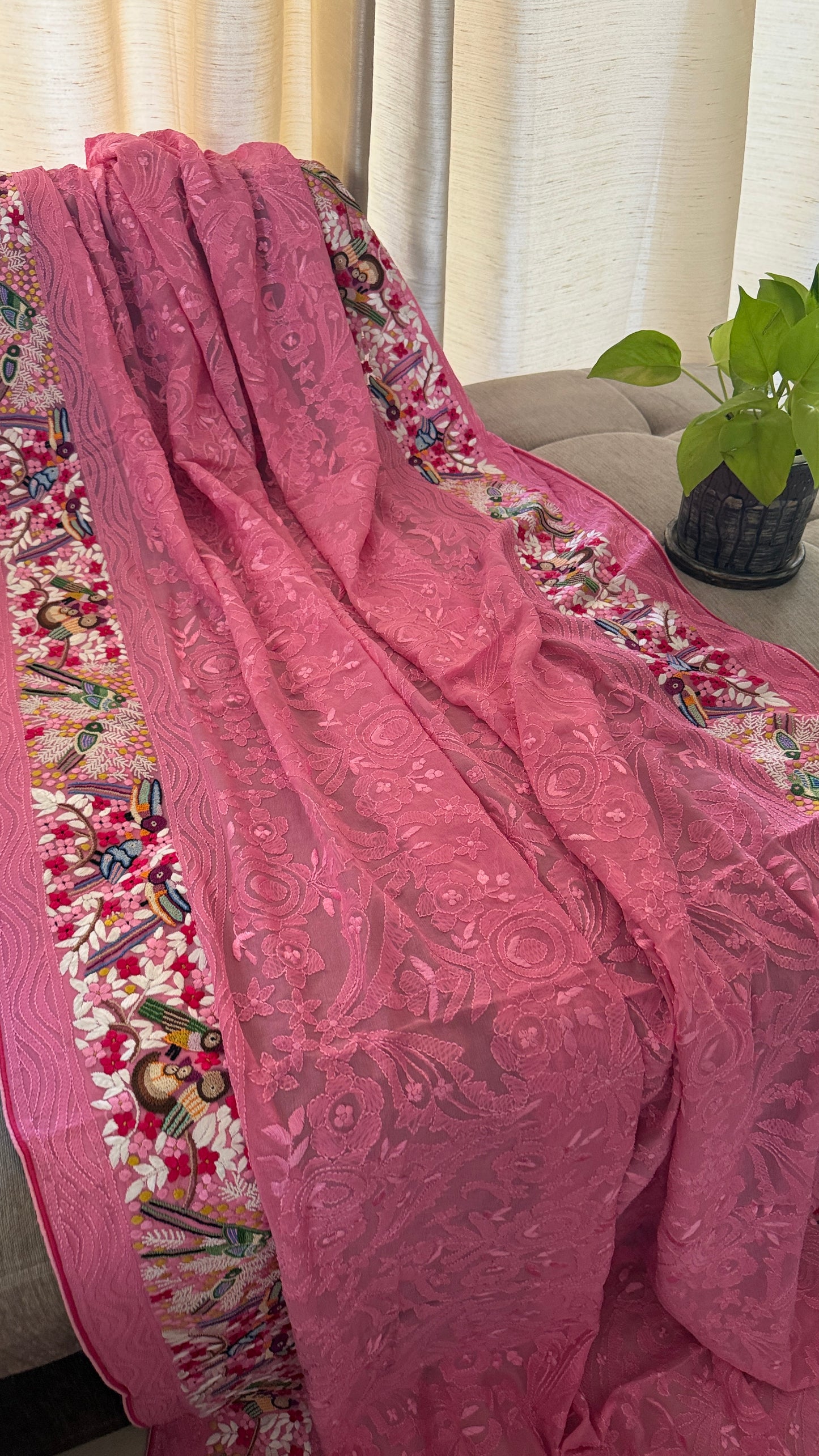 Designer Pink Hand Embroidered Parsi Gara Dupatta