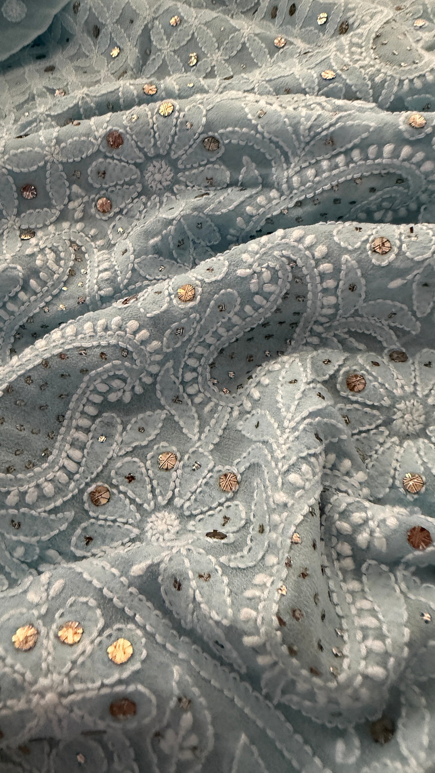 Exclusive Powder Blue Mukaish Chikankari Saree