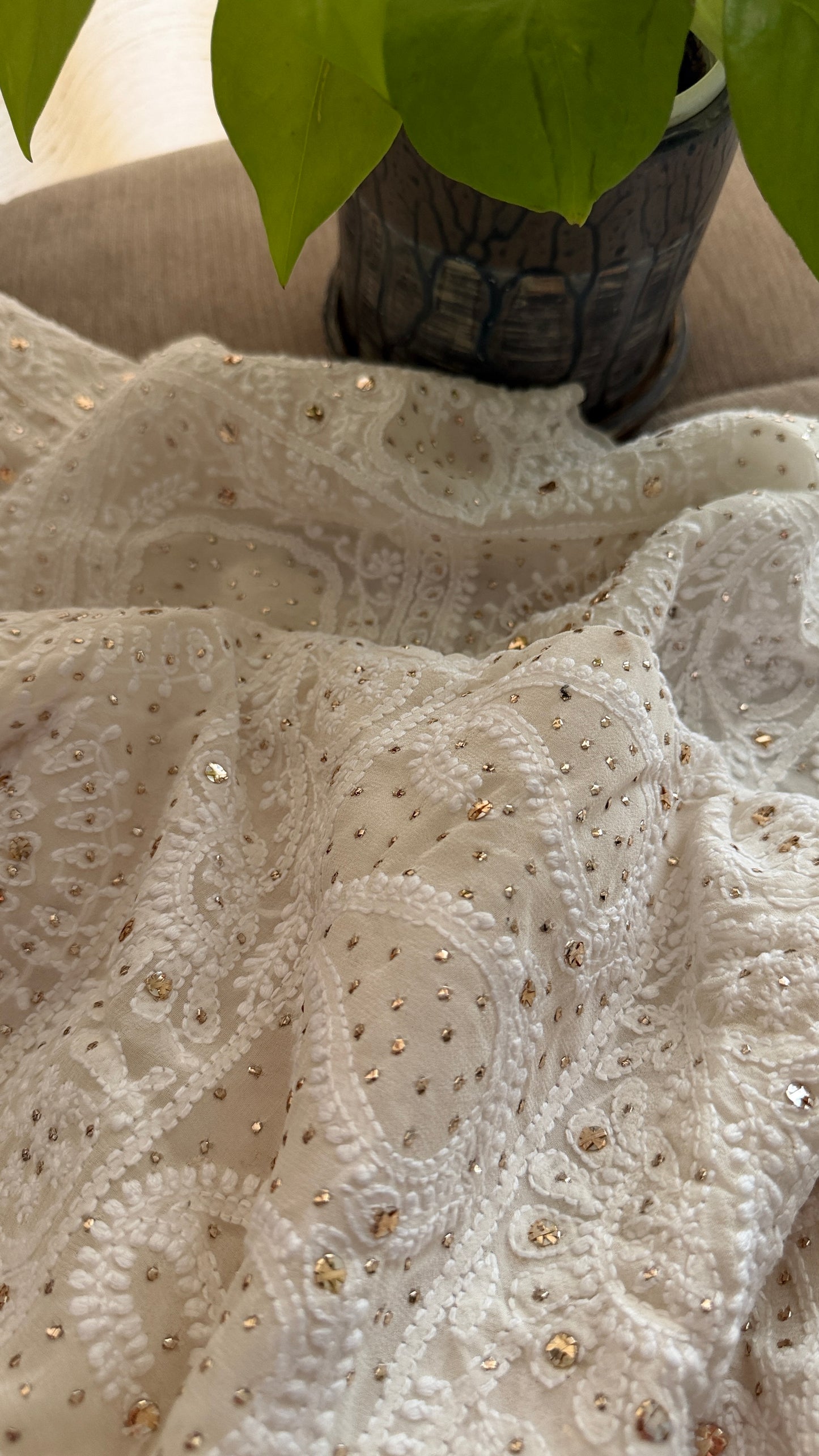 Ivory Pure Georgette Mukaish Chikankari Saree