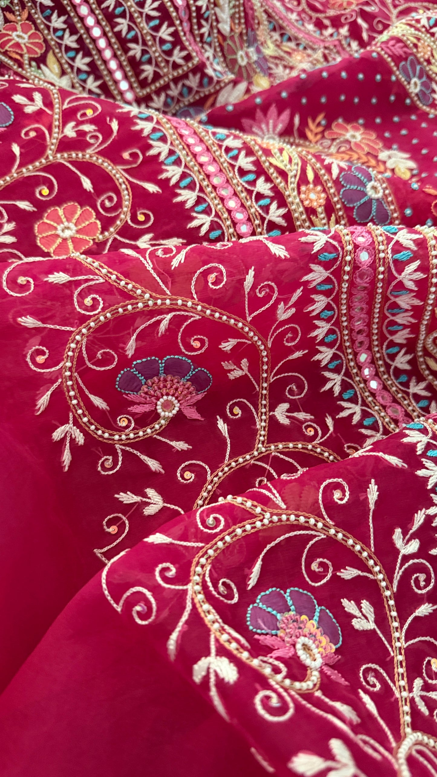 Luxury Pearl Handcrafted Organza Chikankari Suit- Magenta