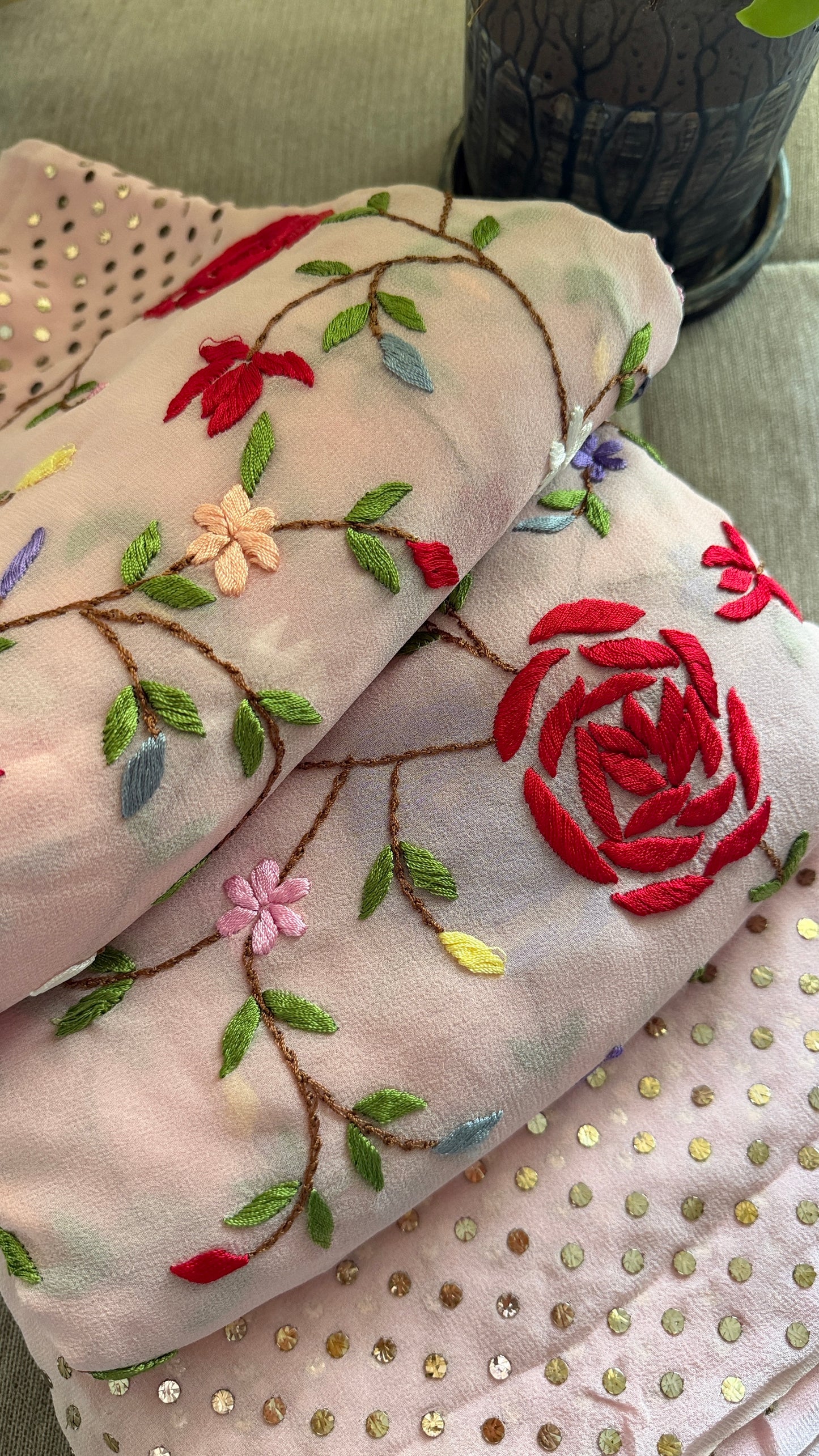 Floral Parsi Gara Embroidered Mukaish Saree