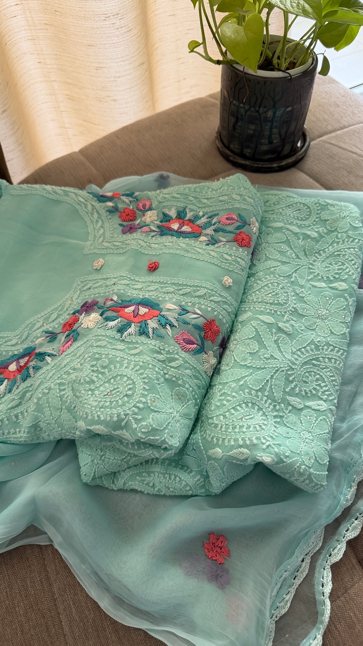 Sea Green Parsi Gara Chikankari Suit