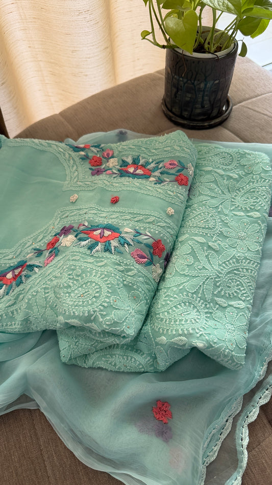 Sea Green Parsi Gara Chikankari Suit