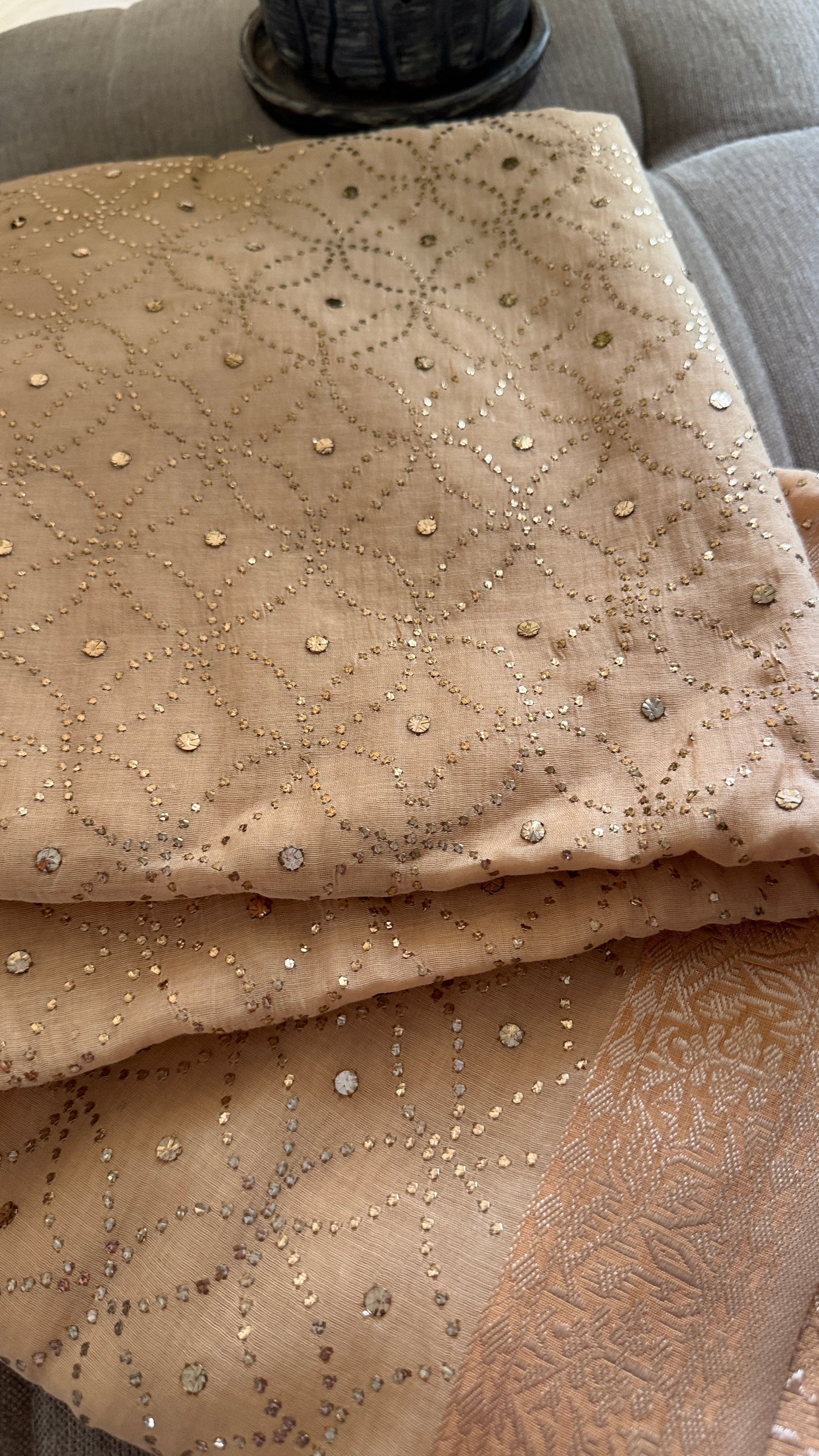 Beige Cotton Chanderi Mukaish Saree for Women