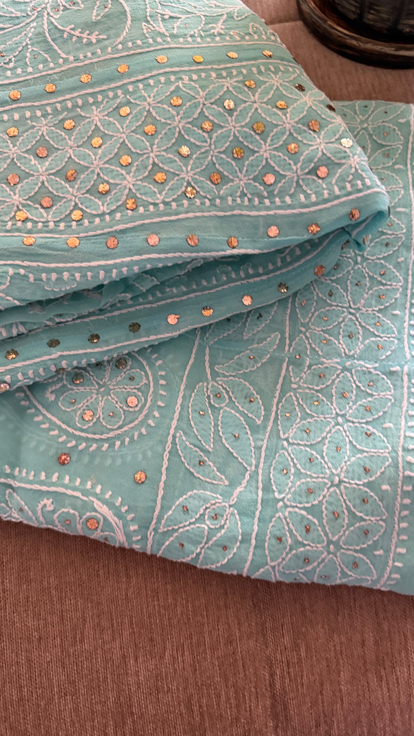 Sea Green Chikankari Anarkali Suit With Golden Mukaish (Anarkali And Dupatta)