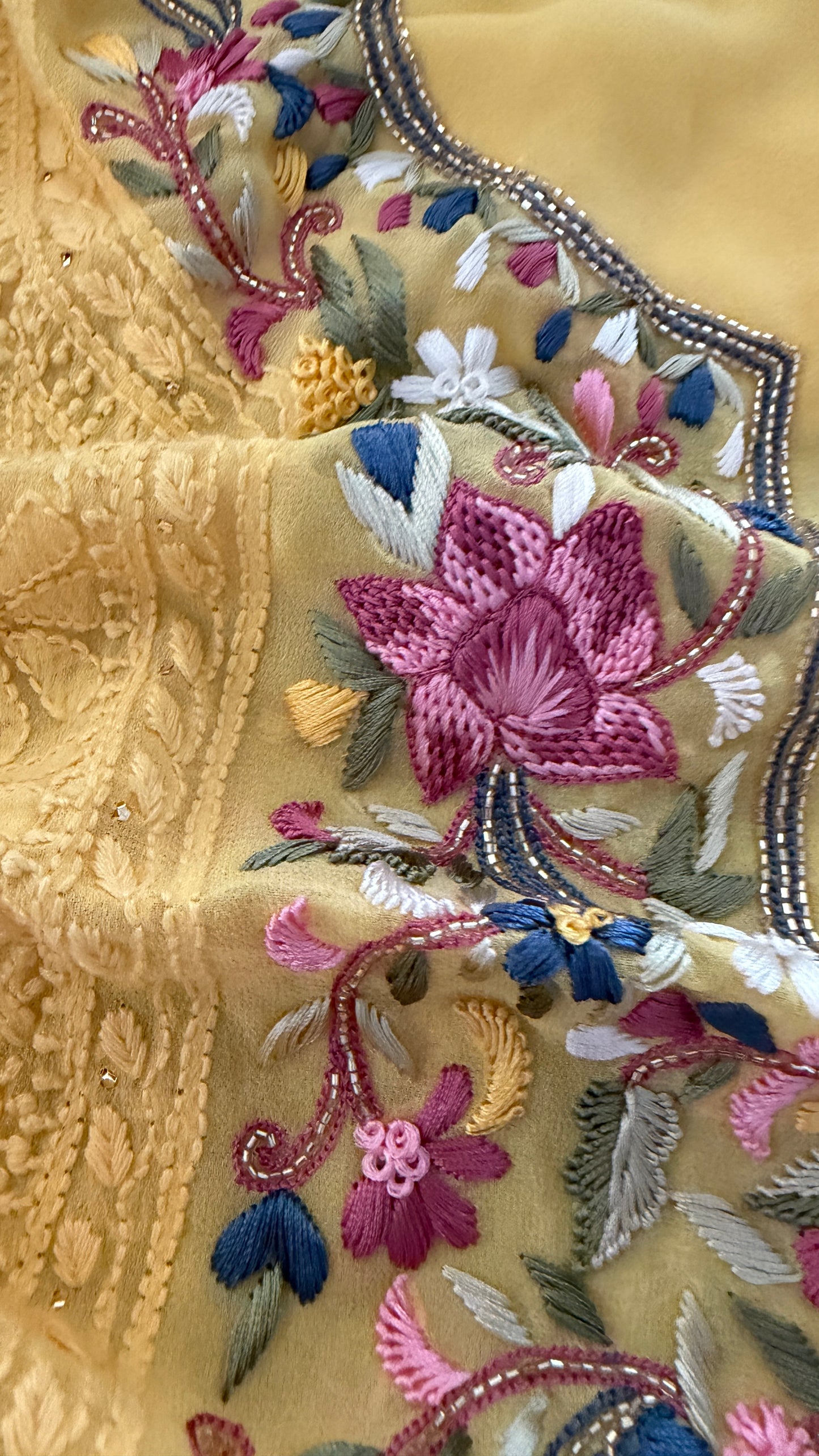 Yellow Parsi Inspired Chikankari Suit with Mukaish and Multicolour Neckline