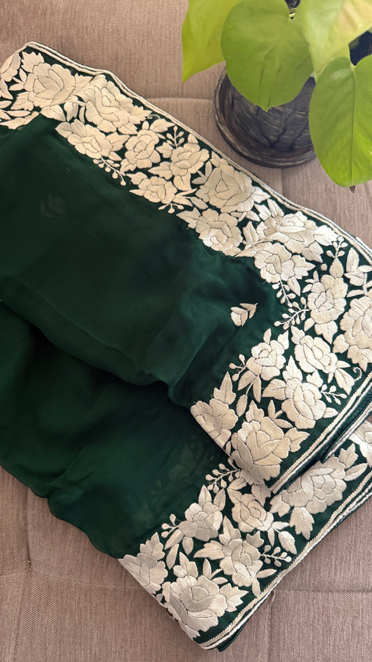 Elegant Emerald Green Parsi Gara Dupatta