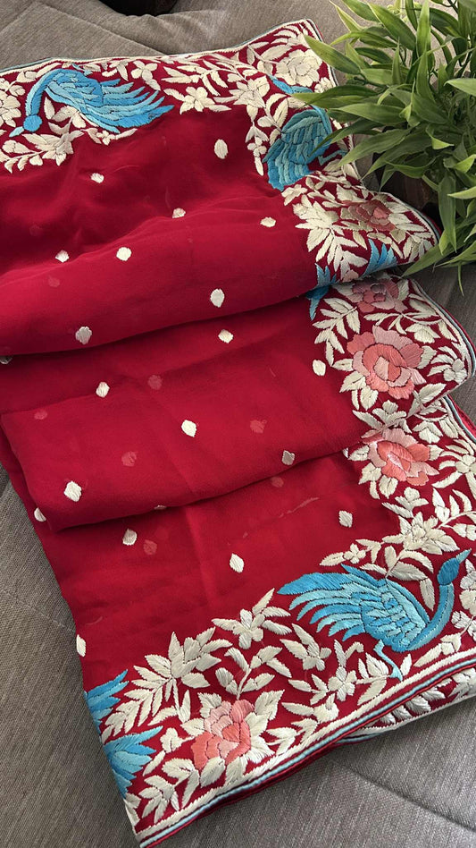 Pre Order Designer Red Parsi Gara Hand Embroidered Dupatta