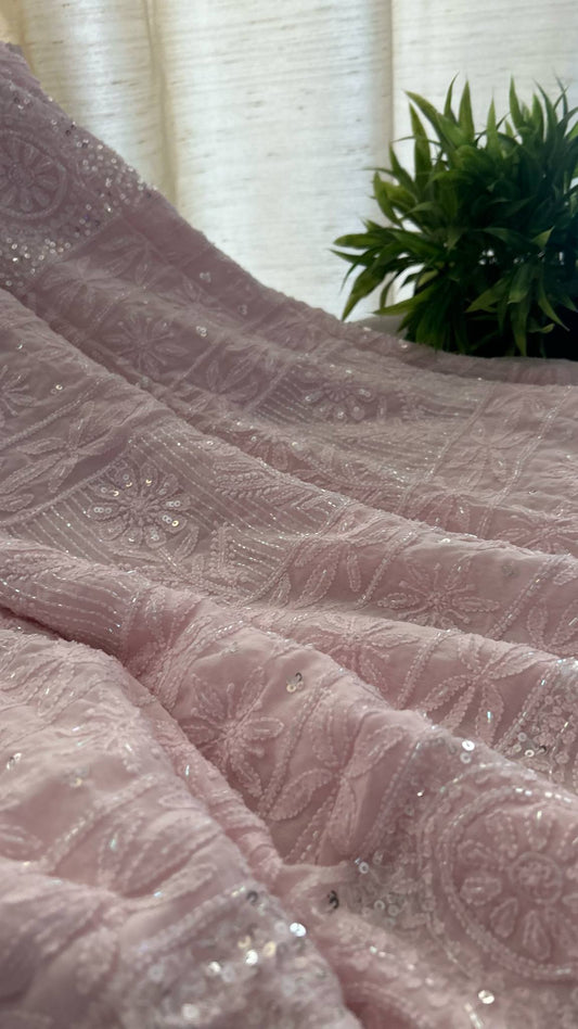Pastel Pink Chikankari Cut Dana Sequins Saree