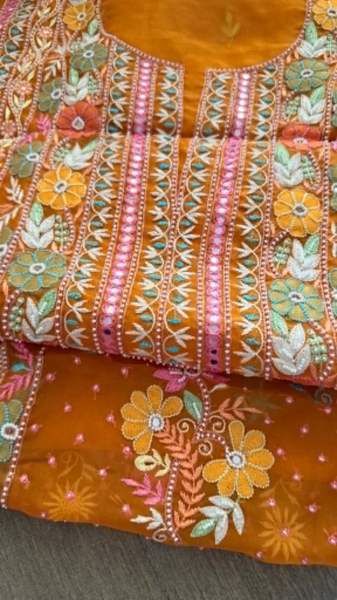Luxury Pearl Handcrafted Organza Chikankari Suit- Rust