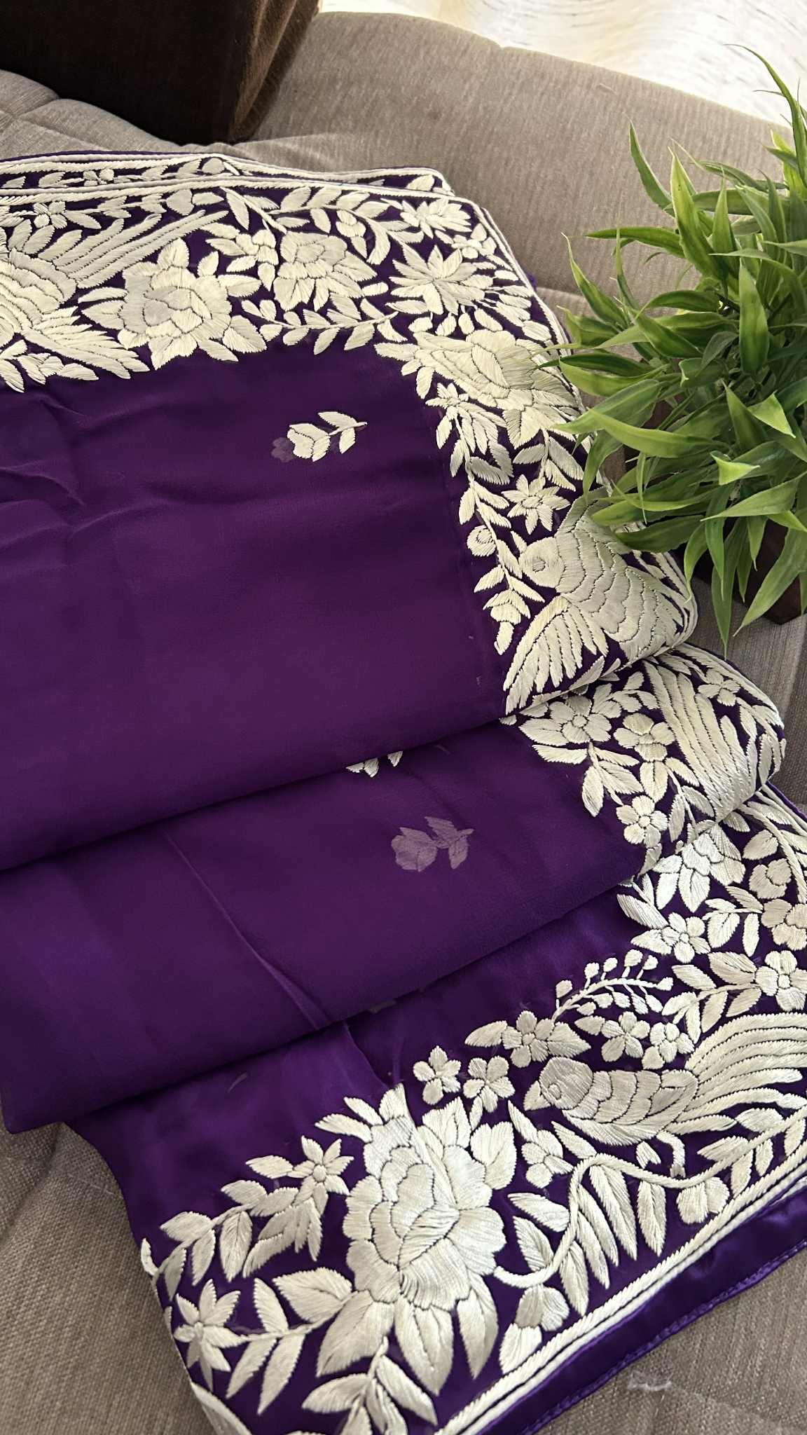 Ivory & Purple Parsi Gara Dupatta