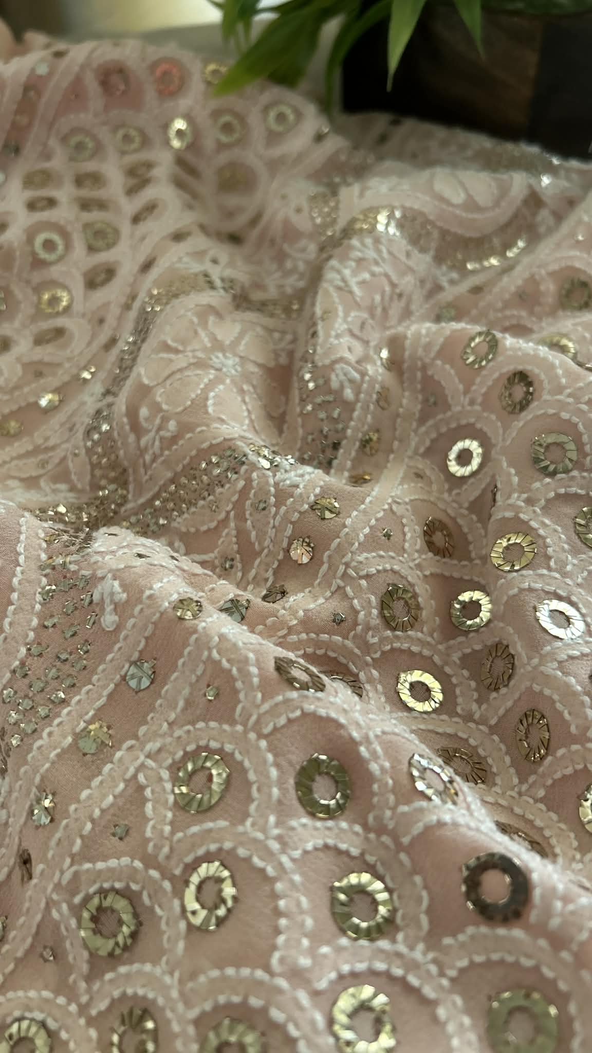 Pastel Pink Ring Mukaish Chikankari Suit (Kurta & Dupatta)