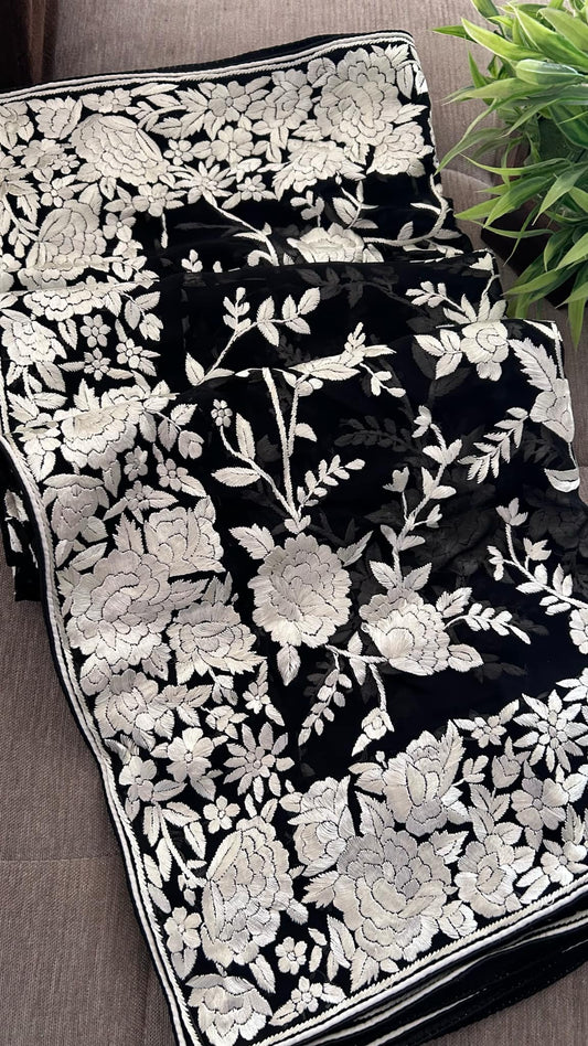 Black & Ivory Parsi Gara Hand Embroidered Dupatta