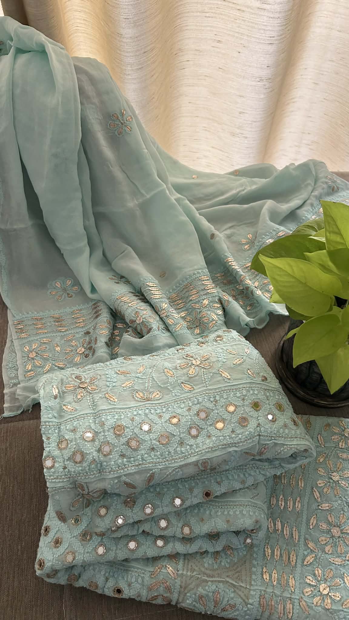 Sea Green Gota Patti & Mirror Work Chikankari Anarkali