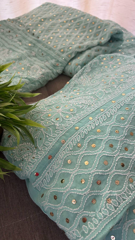 Sea Green Mukaish Lucknowi Chikankari Lehenga Set