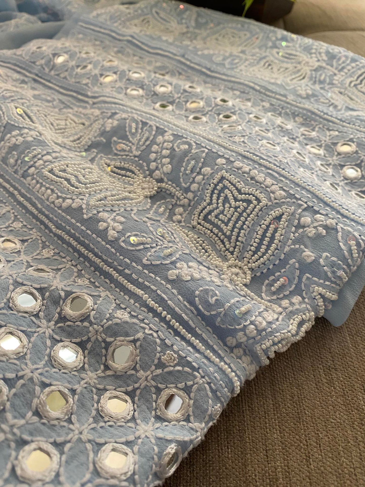 Powder Blue Pearl & Mirror Lucknowi Chikankari Suit