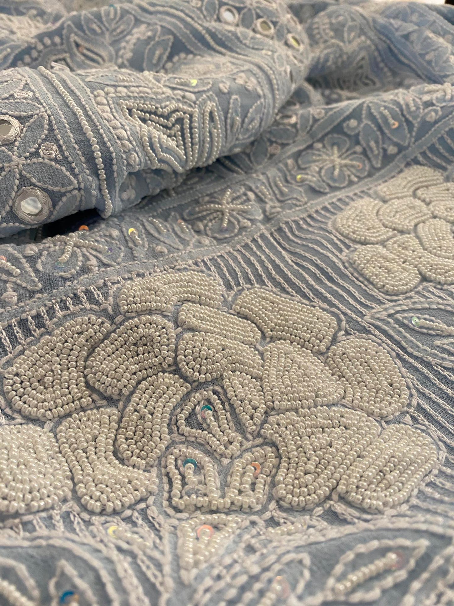 Powder Blue Pearl & Mirror Lucknowi Chikankari Suit