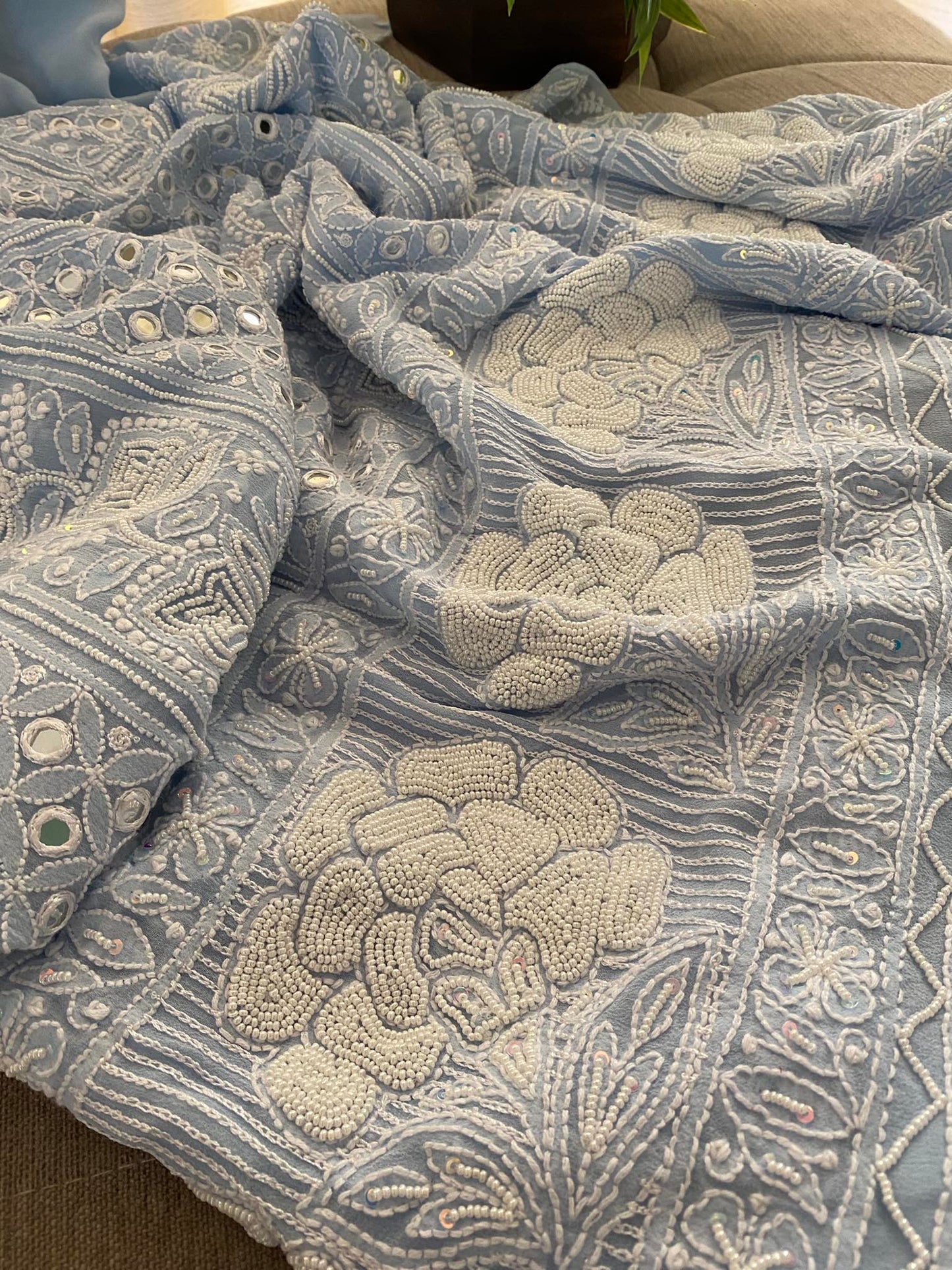 Powder Blue Pearl & Mirror Lucknowi Chikankari Suit