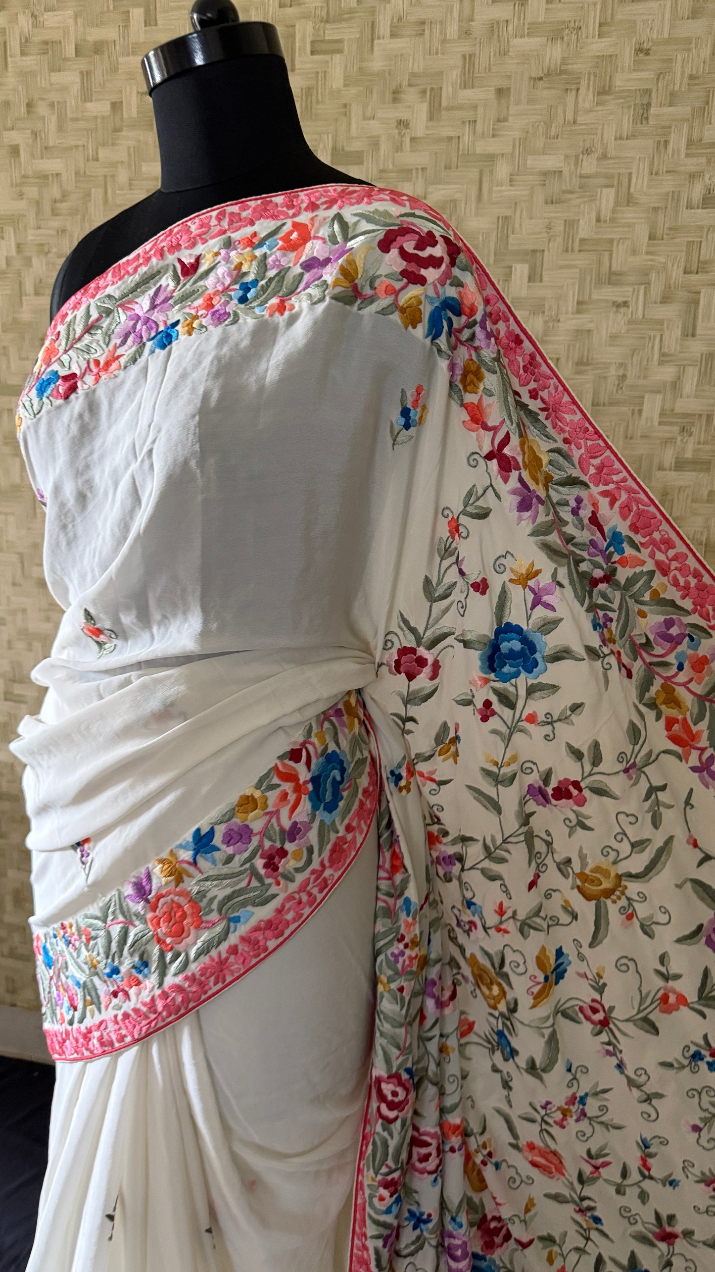 Heritage Cream Parsi Gara Hand Embroidered Saree-Crepe Silk