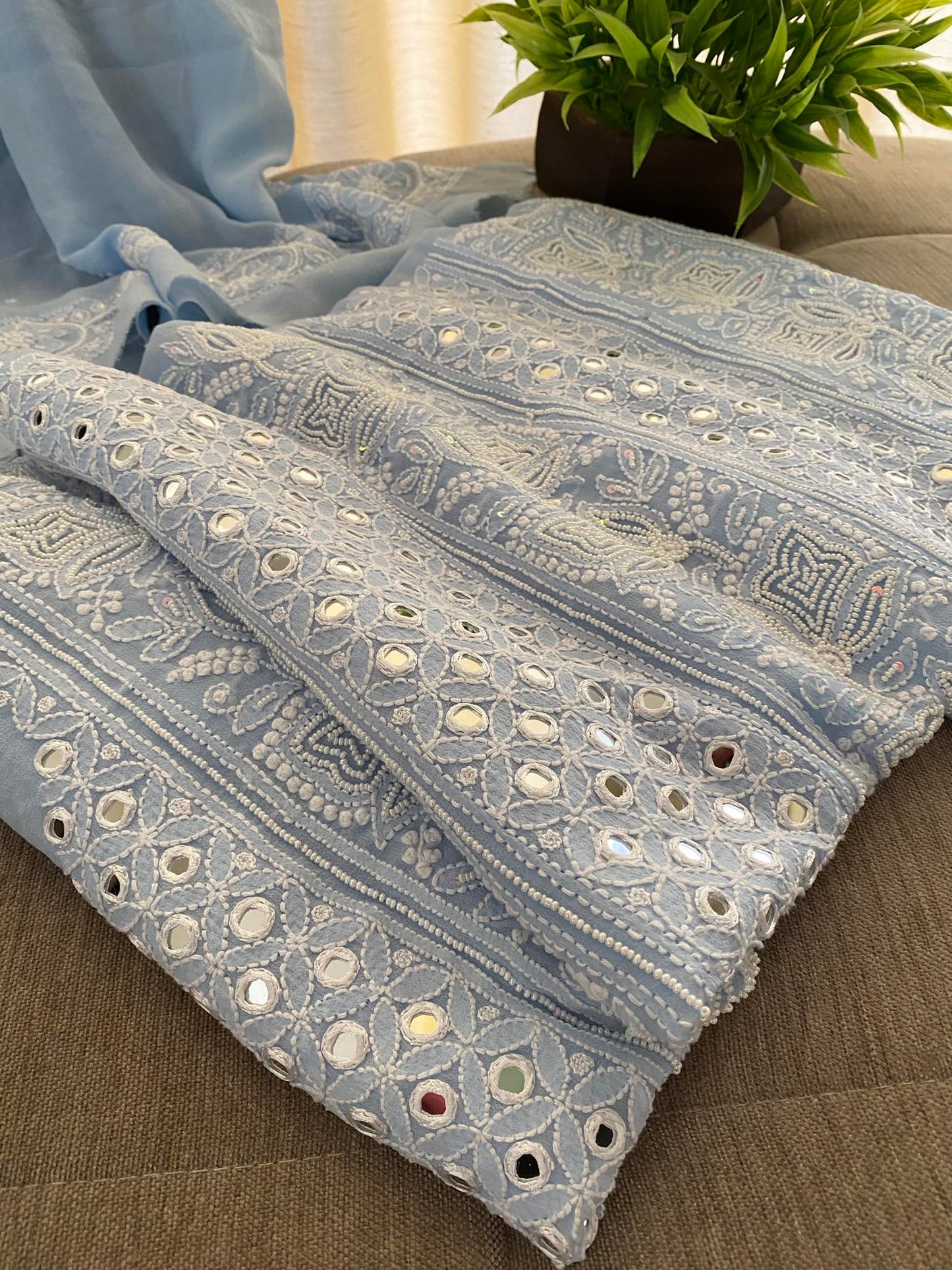 Powder Blue Pearl & Mirror Lucknowi Chikankari Suit