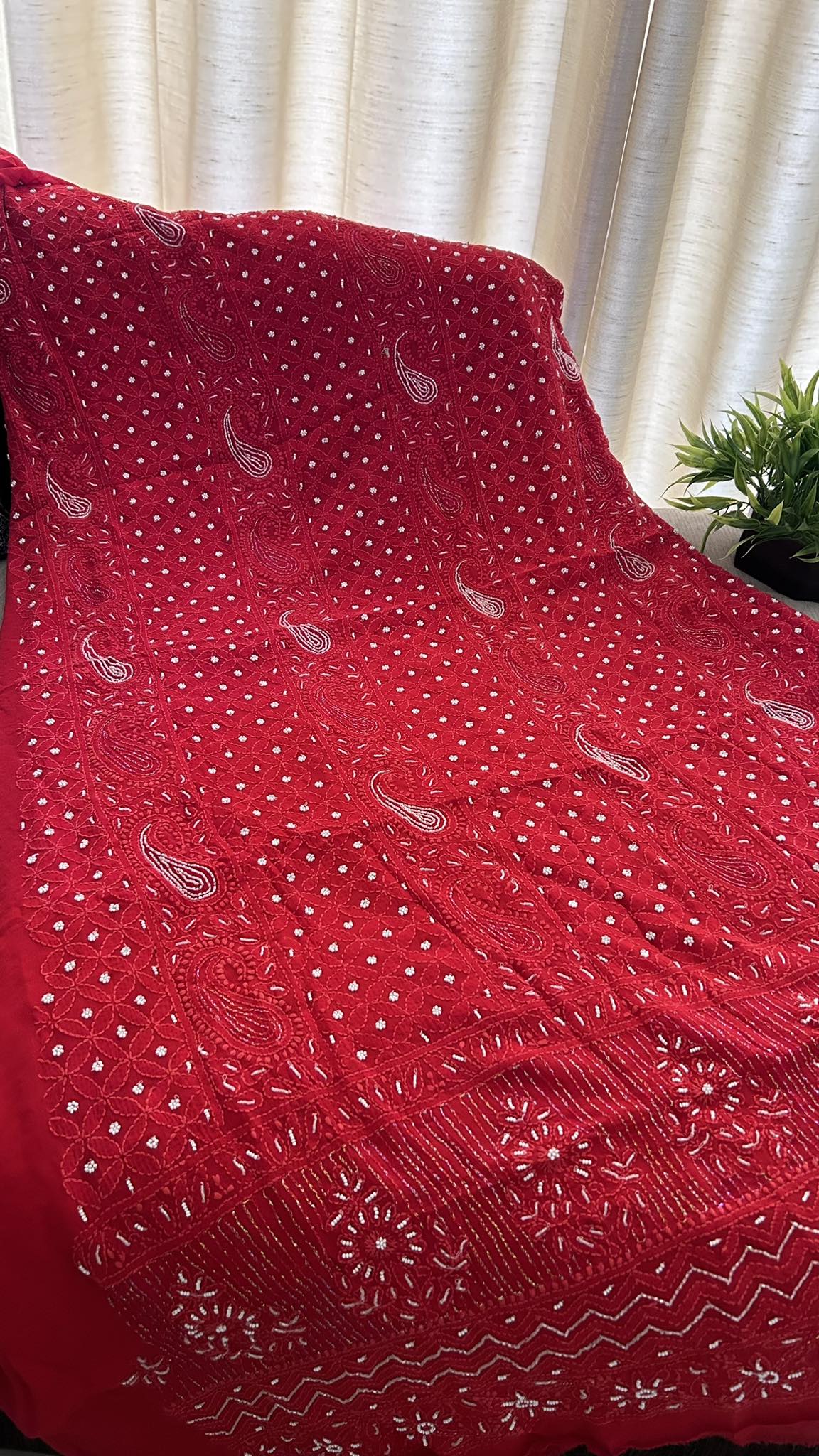 Red Pearl Chikankari Kurti Fabric (Only Kurti)
