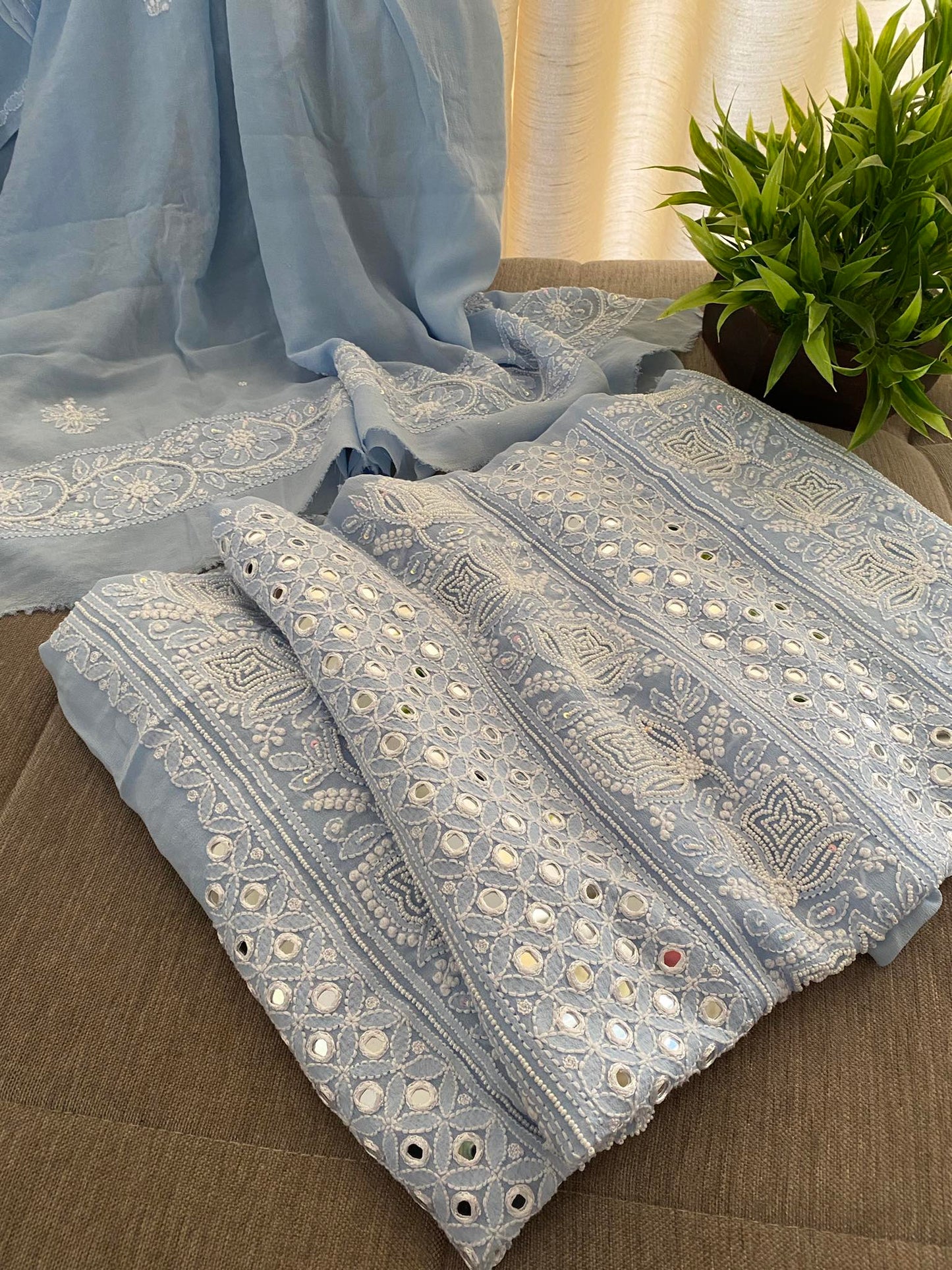 Powder Blue Pearl & Mirror Lucknowi Chikankari Suit