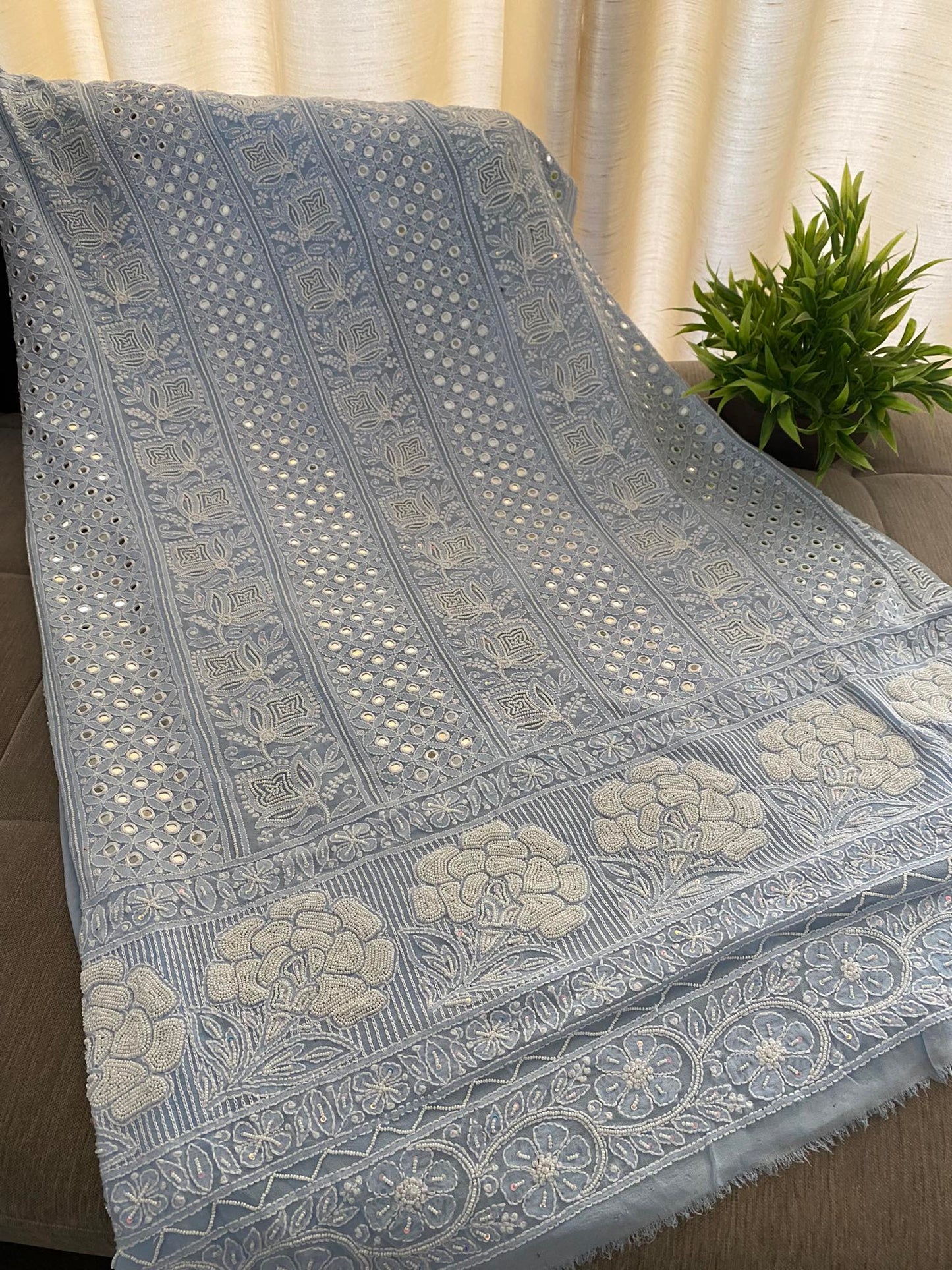 Powder Blue Pearl & Mirror Lucknowi Chikankari Suit