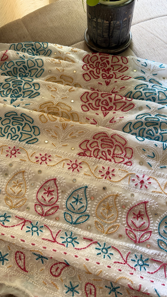Hand Embroidered Multicolour Pearls Chikankari Suit