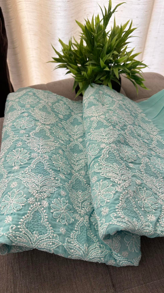 Sea Green Cotton Hand Jaali Chikankari Kurti Fabric (Only Kurti)