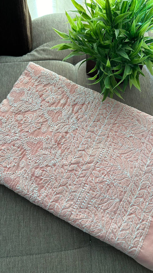 Peach Cotton Hand Jaali Chikankari Kurti Fabric (Only Kurti)