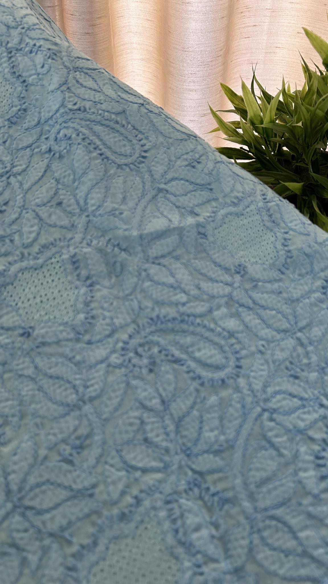 Blue Cotton Hand Jaali Chikankari Kurti Fabric (Only Kurti)