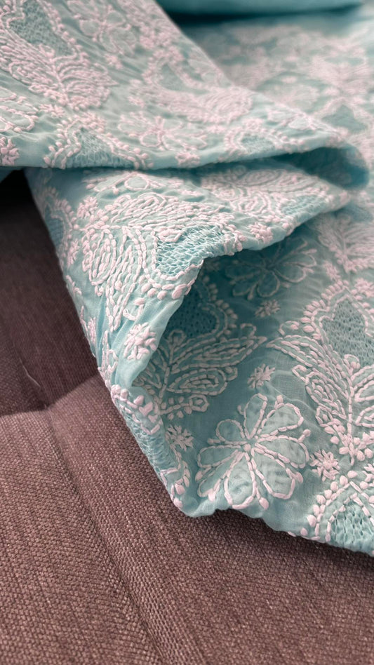 Sea Green Cotton Hand Jaali Chikankari Kurti Fabric (Only Kurti)