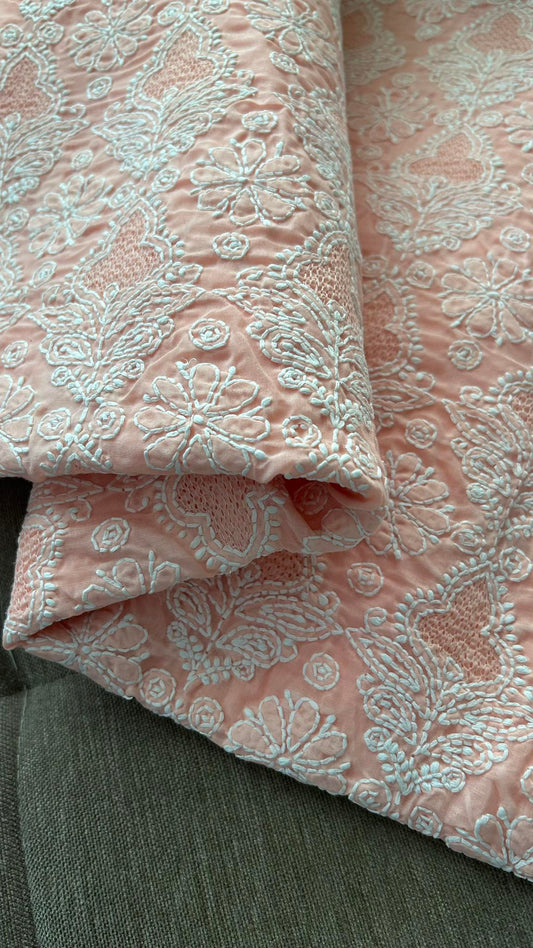 Peach Cotton Hand Jaali Chikankari Kurti Fabric (Only Kurti)