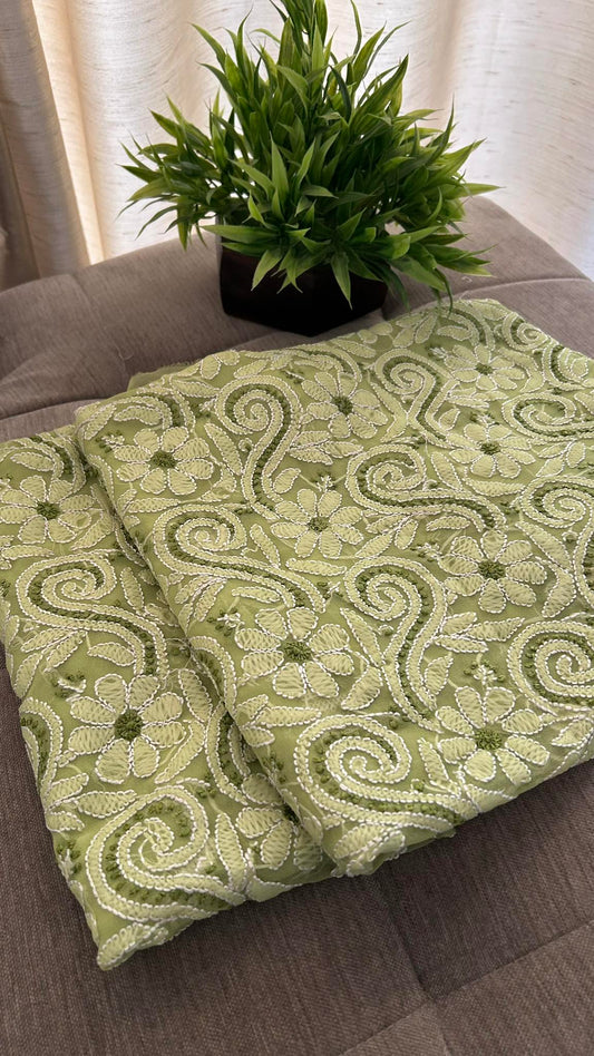 Green Georgette Resham Chikankari Kurti Fabric (Only Kurti)