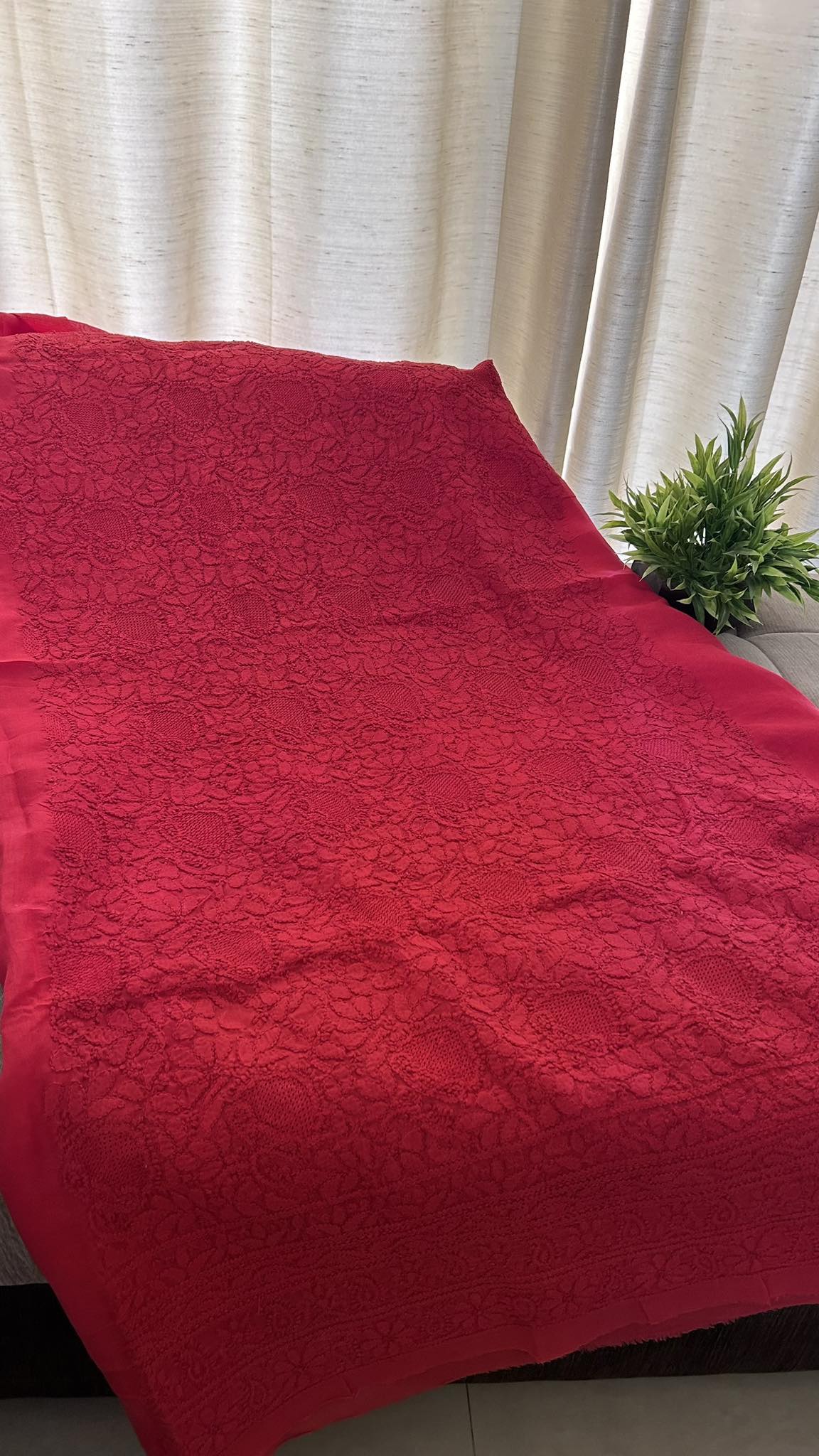 Red Cotton Hand Jaali Chikankari Kurti Fabric (Only Kurti)