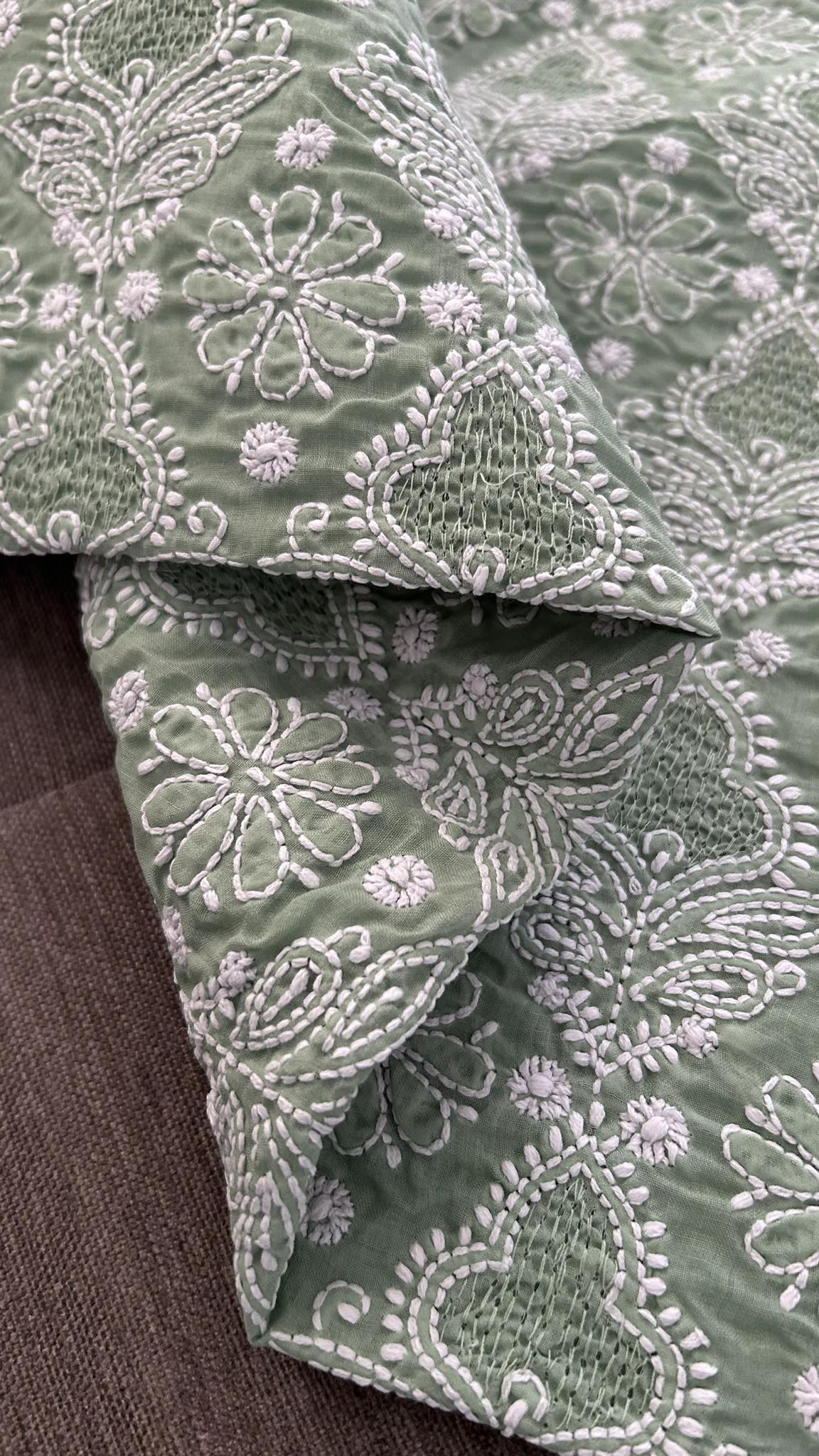 Sage Green Cotton Hand Jaali Chikankari Kurti Fabric (Only Kurti)