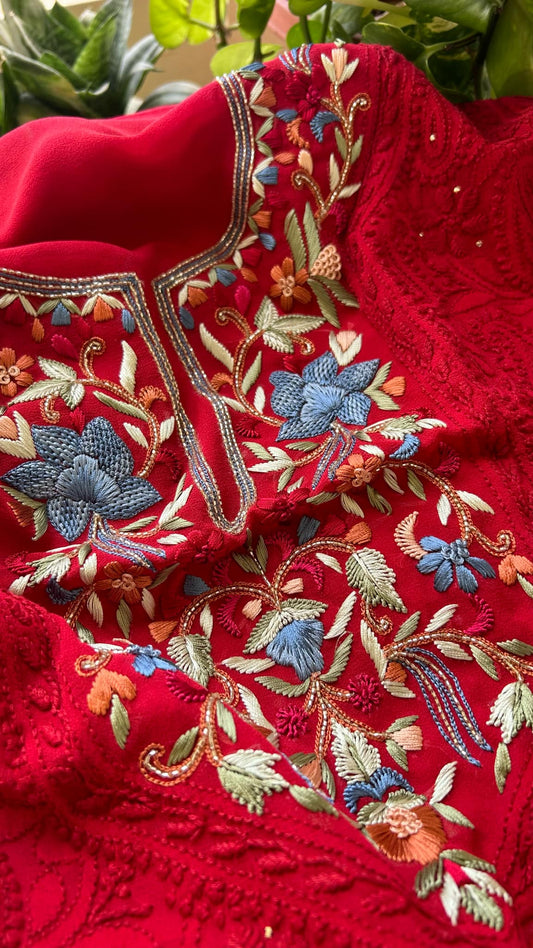 Red Chikankari & Kamdani Multicolour Neckline Suit - Eid Collection