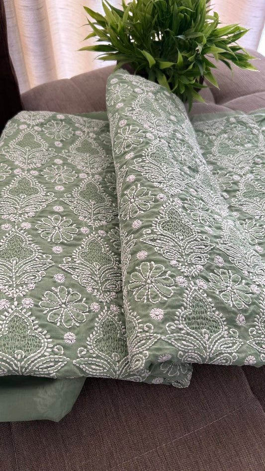 Sage Green Cotton Hand Jaali Chikankari Kurti Fabric (Only Kurti)