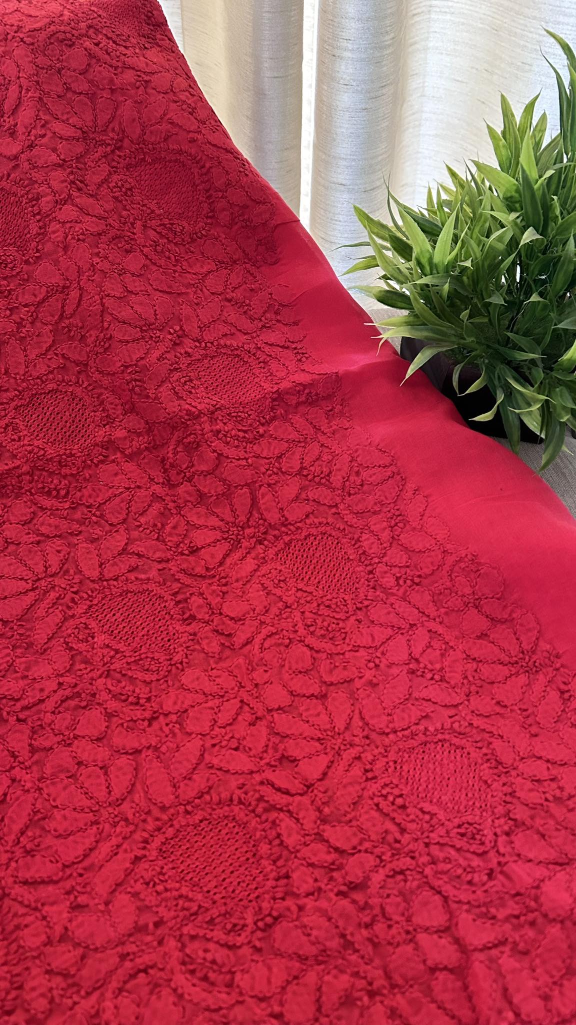 Red Cotton Hand Jaali Chikankari Kurti Fabric (Only Kurti)