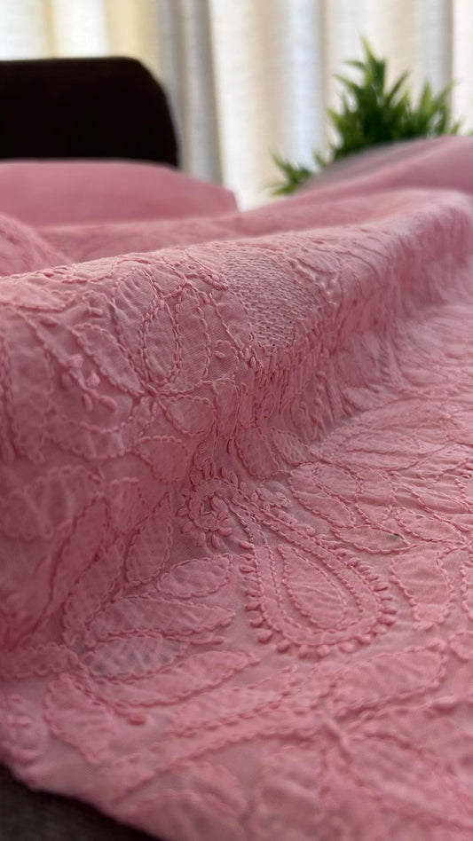 Pink Cotton Hand Jaali Chikankari Kurti Fabric (Only Kurti)